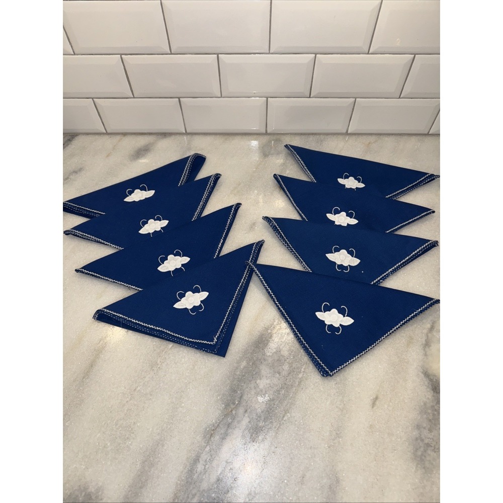 Vintage‎ Navy Blue Applaud White Flowers Napkins Set Of 8
